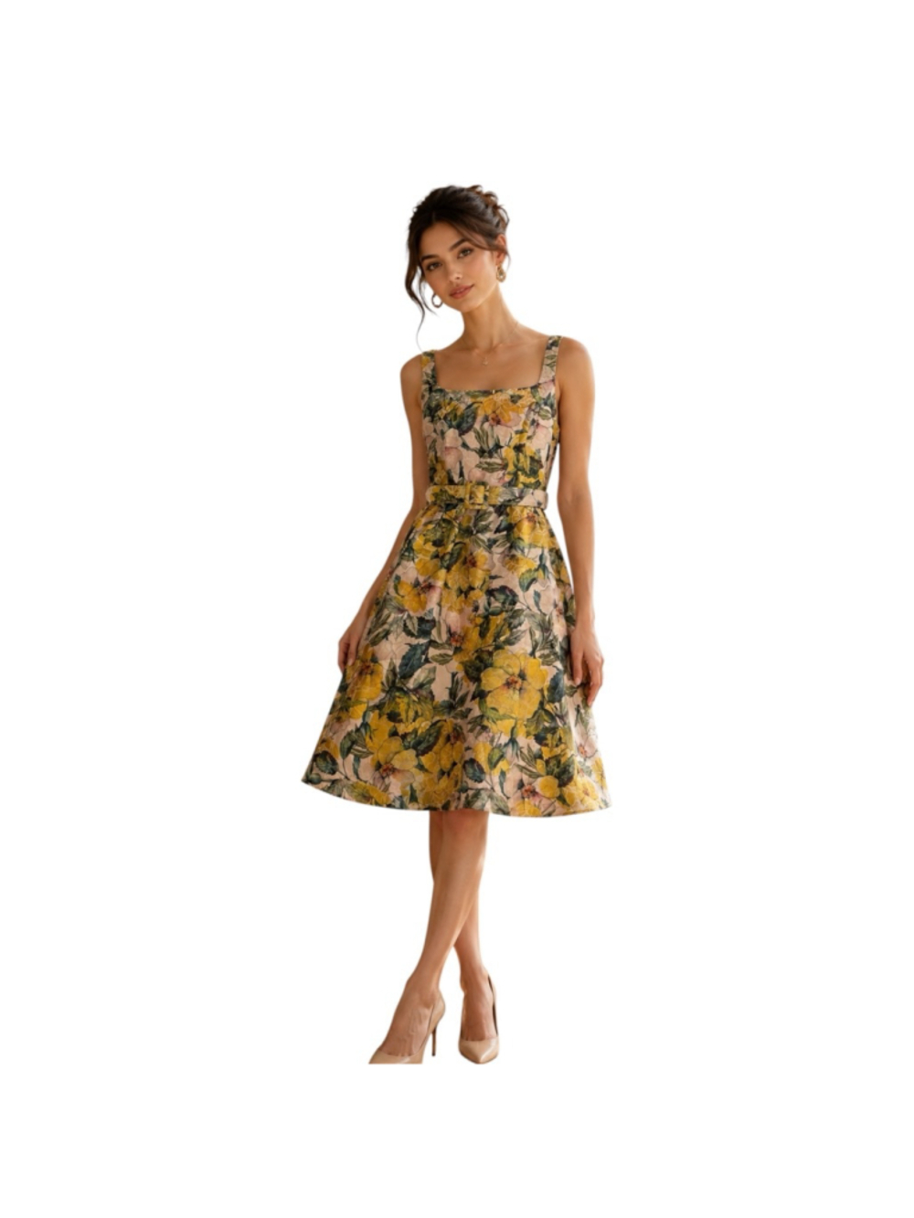Adrianna Papell Yellow Floral Jacquard Midi Dress Size 10 NWT
